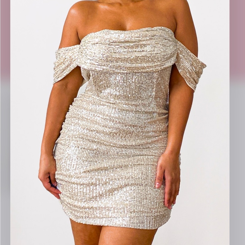 Brand New Champagne Off The Shoulder Sequin Dress